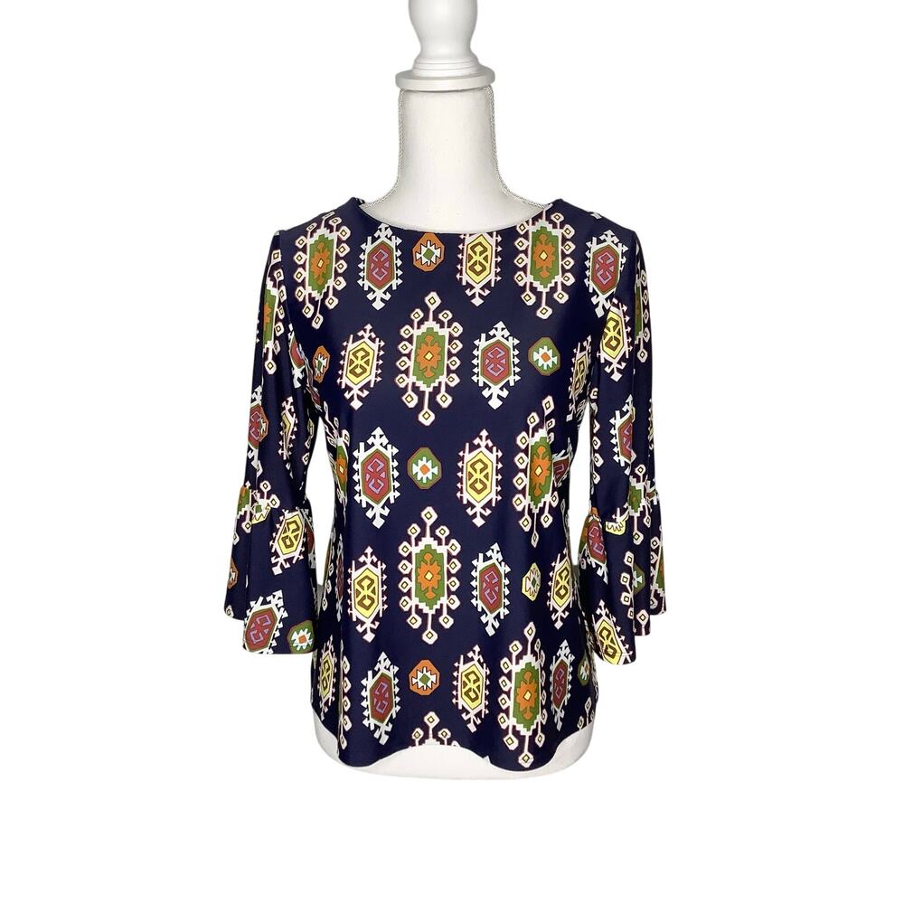 Jude Connally Navy Blue Printed 3/4 Ruffle Sleeve Blouse Top Jude Cloth Small